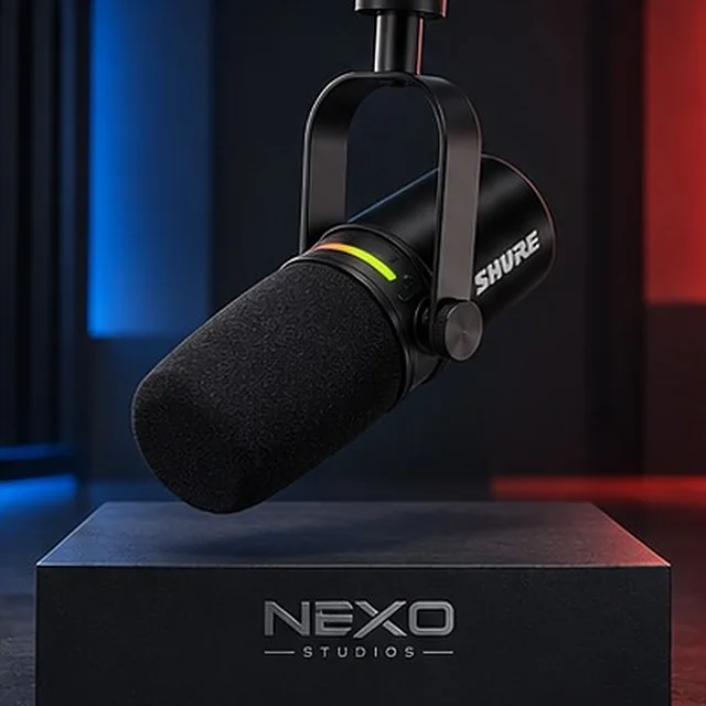 Micrófono Shure MV7+ de NEXO Studios sobre una base negra con el logo de NEXO